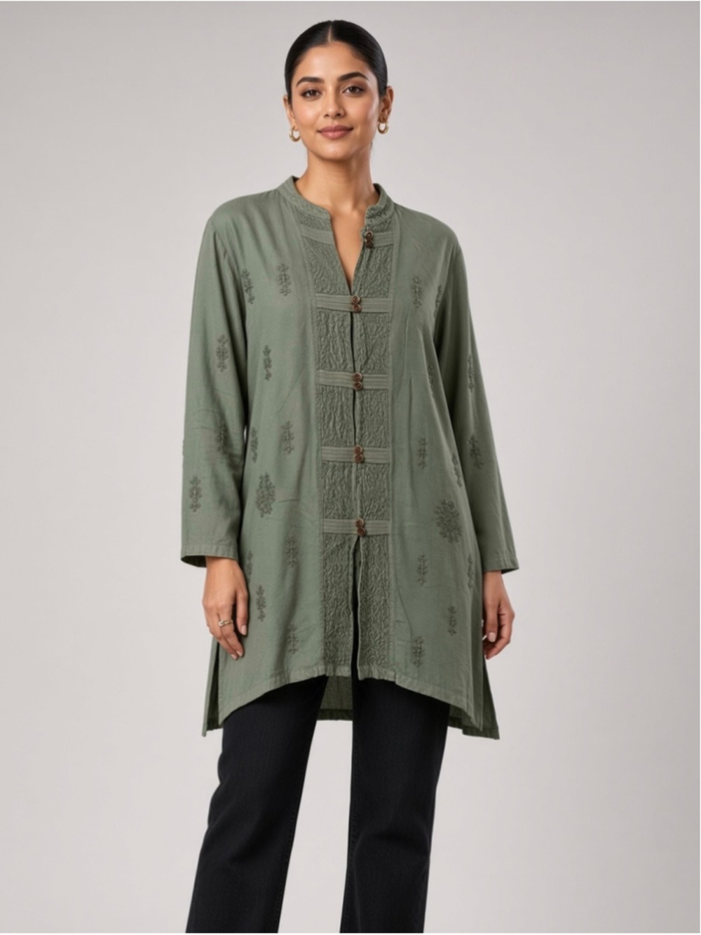 Geeta Green Rayon Embroidered Long Sleeve Boho Tunic Top Blouse Free Size